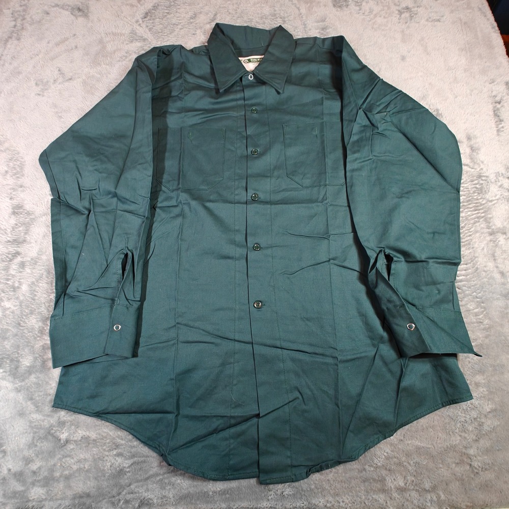 70s USA Vintage Work Shirt Men XL Green 100% Cotton Long Sleeve Gripper Snap VTG